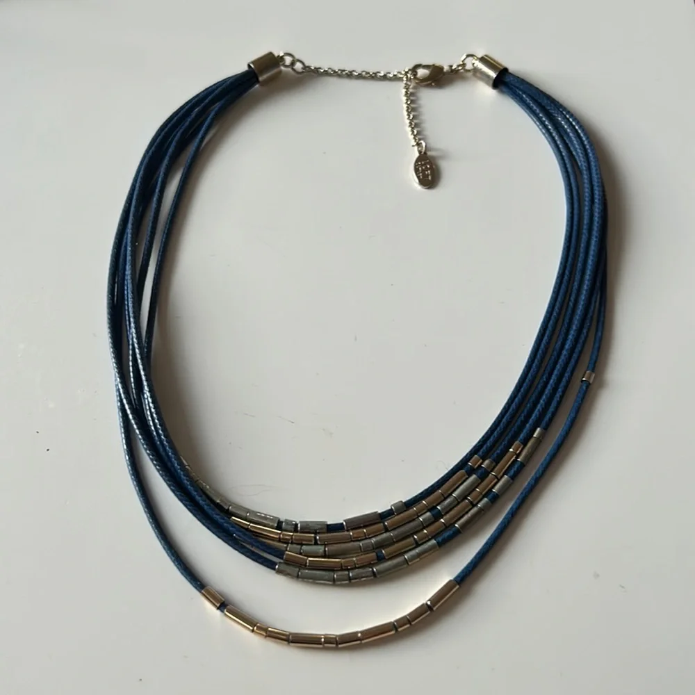 Ann Taylor Loft Multi Strand Leather Collar Necklace Gold Tone Curved Beads.